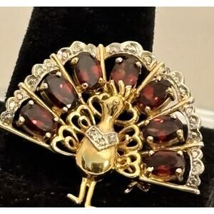 Vintage 14K Yellow Gold Garnet/Diamond PEACOCK Brooch/Pendant 5.9g